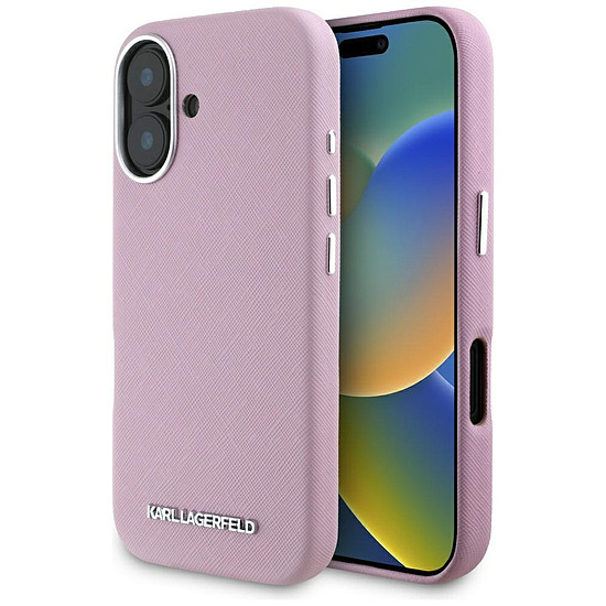 Karl Lagerfeld Saffiano teljes felületű, hosszúkás fém logós MagSafe iPhone 16 tok - rózsaszín