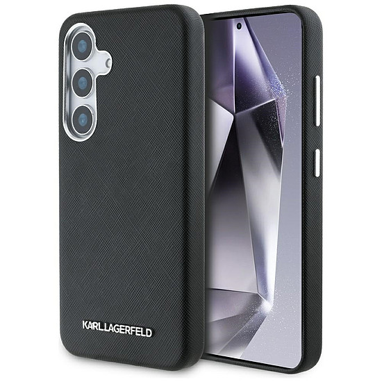 Karl Lagerfeld Saffiano teljes felületű, hosszúkás, fém logós MagSafe tok Samsung Galaxy S25-höz, fekete