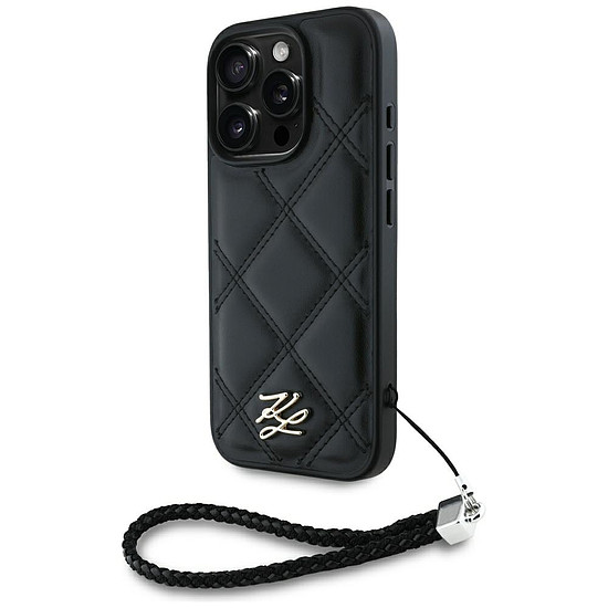 Karl Lagerfeld steppelt, kezdőbetűs logóval és láncpántos iPhone 16 Pro tok - fekete