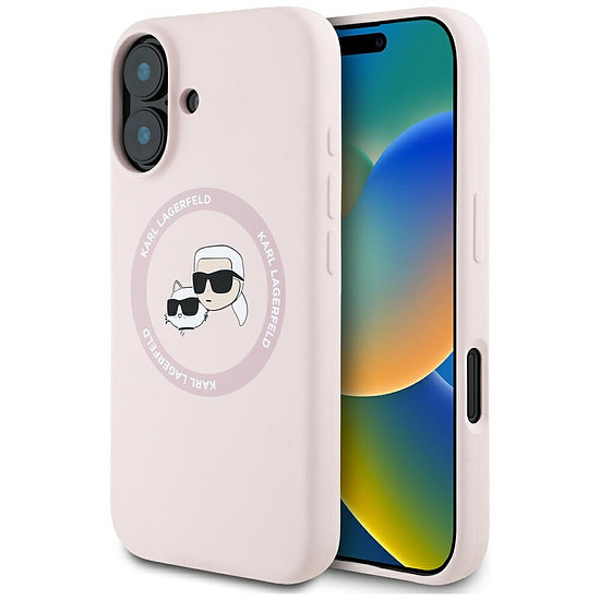 Karl Lagerfeld szilikon dupla fejű és kör alakú MagSafe tok iPhone 16-hoz, rózsaszín