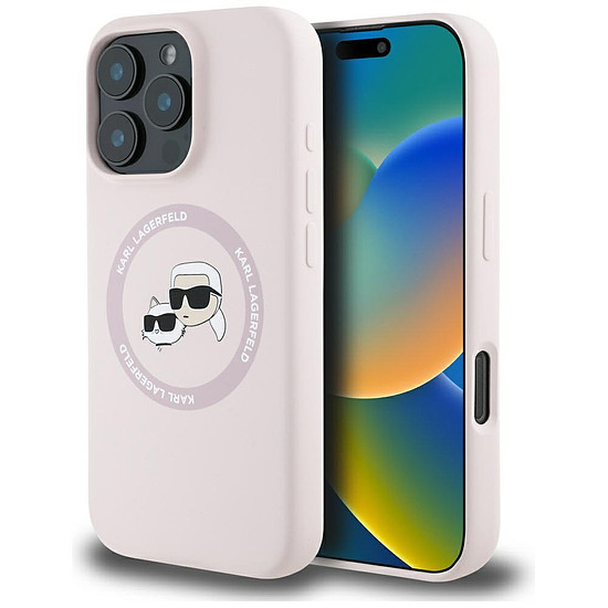 Karl Lagerfeld szilikon dupla fejű és kör alakú MagSafe tok iPhone 16 Próhoz, rózsaszín