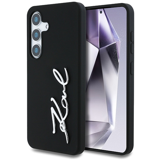Karl Lagerfeld szilikon fém tok, aláírás logóval, Samsung Galaxy S25 fekete