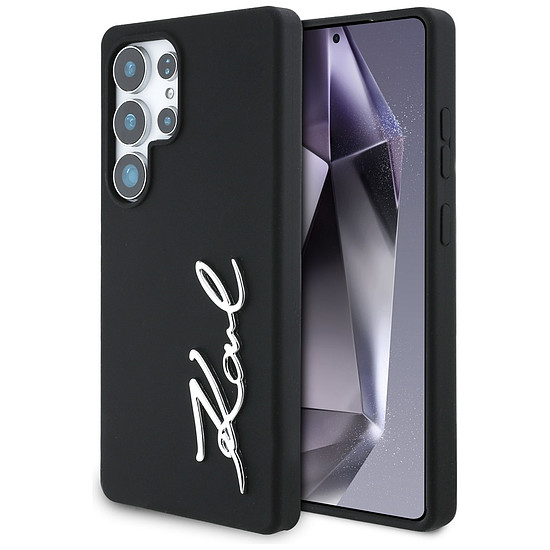 Karl Lagerfeld szilikon fém tok, aláírás logóval, Samsung Galaxy S25 Ultra, fekete