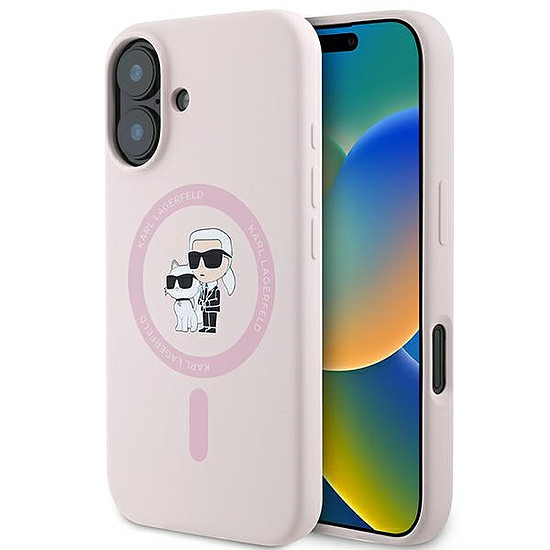 Karl Lagerfeld szilikon Karl&Choupette Heads Ring MagSafe tok iPhone 16 Plushoz, rózsaszín