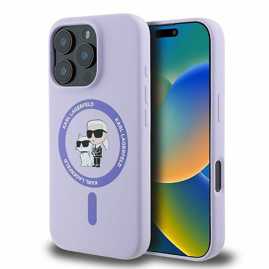 Karl Lagerfeld szilikon Karl&Choupette Heads Ring MagSafe tok iPhone 16 Pro Maxhoz, lila