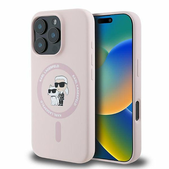 Karl Lagerfeld szilikon Karl&Choupette Heads Ring MagSafe tok iPhone 16 Próhoz, rózsaszín