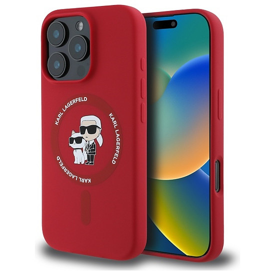 Karl Lagerfeld szilikon Karl&Choupette Heads Ring MagSafe tok iPhone 16 Próhoz, piros