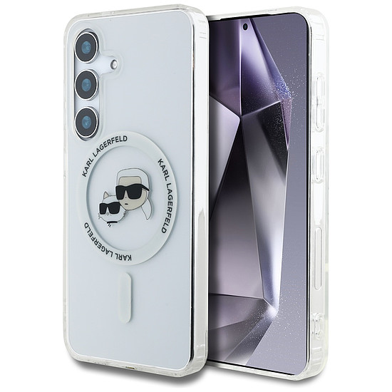 Karl Lagerfeld tok, gomb, Karl és Choupette fejek, nyomtatott logó, MagSafe, Samsung Galaxy S25, fehér