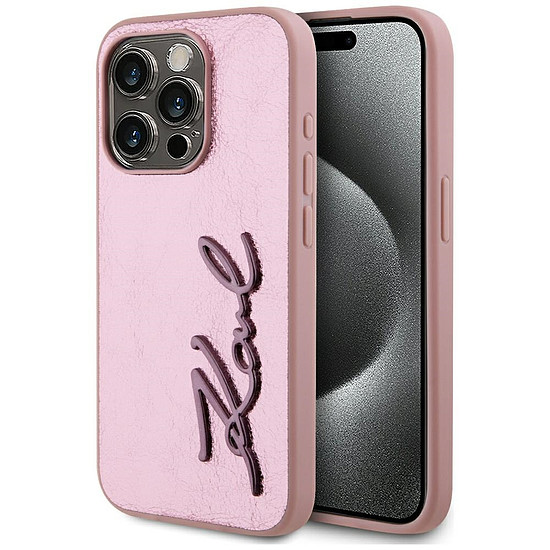 Karl Lagerfeld Wrinkled Metal Signature iPhone 15 Pro Max tok - rózsaszín