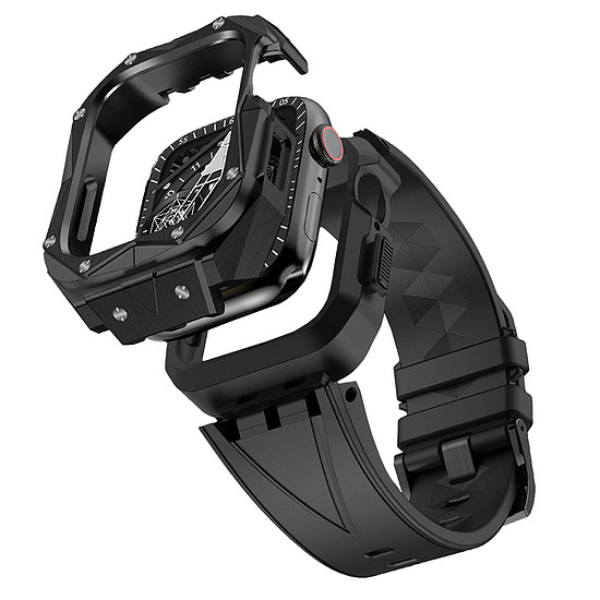 Kingxbar CYF140 2 az 1-ben strapabíró tok Apple Watch SE-hez, 6, 5, 4 (44 mm) rozsdamentes acél, fekete szíjjal