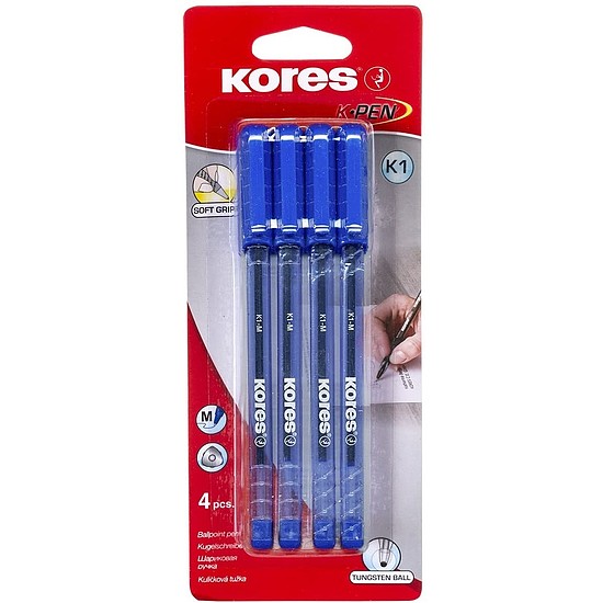 Kores K1-M golyóstoll kék, műanyag, kupakos eldobható 1 mm kék írásszín 4db/csomag