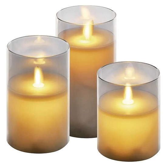 LED dekoráció - 3x viaszgyertya üvegben, 6x AAA, meleg fehér, időzítő