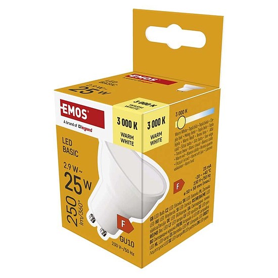 LED izzó Basic MR16 / GU10 / 2,9 W (25 W) / 250 lm / Meleg fehér (ZL8F02)