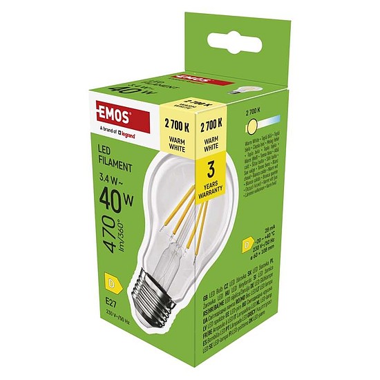 LED izzó Filament A60 / E27 / 3,4 W (40 W) / 470 lm / Meleg fehér (ZF5D22)