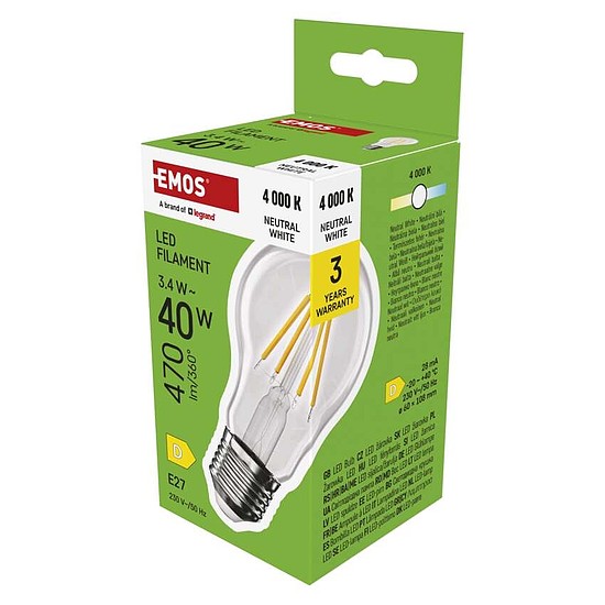 LED izzó Filament A60 / E27 / 3,4 W (40 W) / 470 lm / Természetes fehér (ZF5D23)