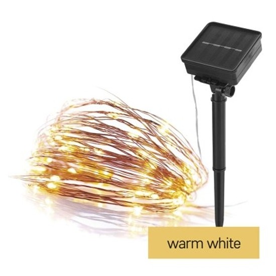 LED nano lánc napelemmel, réz, 12 m, kültéri és beltéri, meleg fehér, időzítő (D3ZW01)