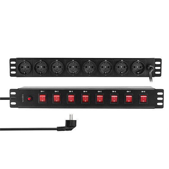 Logilink 19" PDU 8 x CEE 7/3 biztonsági aljzat, mindegyik aljzat be-/kikapcsolóval (PDU8D01)