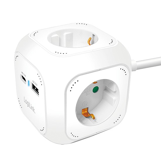 Logilink 4-utas töltőkocka, 4x aljzat, 1x USB-C PD 20W, 1x USB-A QC 18W, fehér
