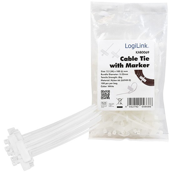 Logilink Cable ties 100 pcs., with marker, length: 100 mm, width: 2.5 mm (KAB0069)
