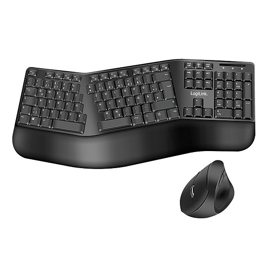 Logilink Ergonomikus vezeték nélküli német billentyűzetes egérkészlet osztott billentyűzettel, fekete