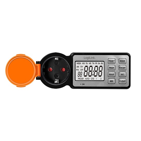 Logilink Kültéri időkapcsoló 2,2"-os LCD kijelzővel, CEE 7/3, időzítő, IP44, 3600 W, fekete/narancssárga