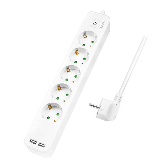 Logilink Outlet Strip, 5 safety sockets, w/ 2x USB Port, white (LPS249U)