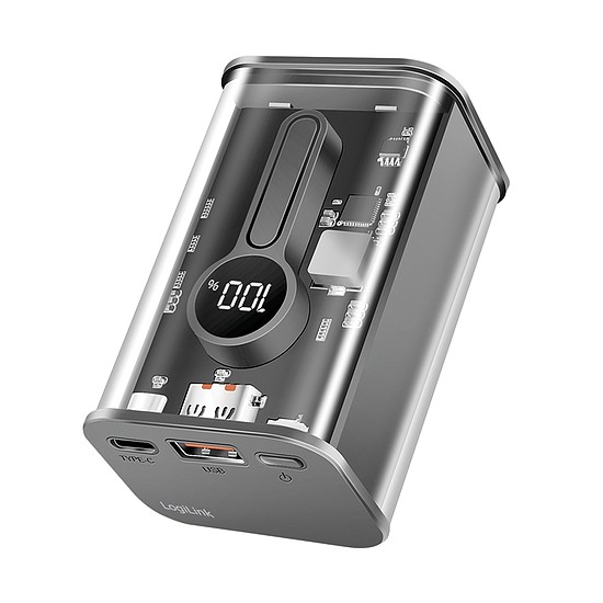 Logilink Power bank 10000 mAh, 1x USB-A, 1x USB-C, kijelzővel, PD & QC, transzp.