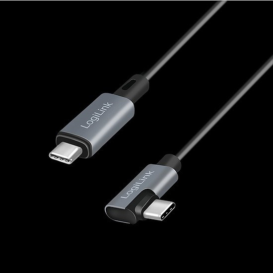 Logilink USB 2.0 Type-C kábel, USB-C/M 90 fok - USB-C/M, E-jel, PD, fekete, 2 m (CU0183)