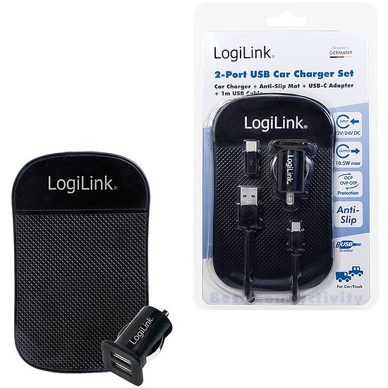 Logilink USB 2-Port Car charger set, with anti-slip mat, black (PA0204)