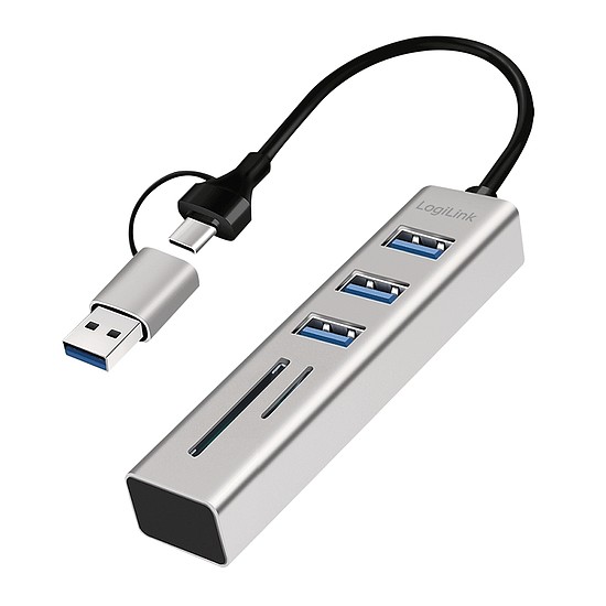 Logilink USB 3.0 hub, 3x USB-A, SD/microSD nyílás, 2 az 1-ben csatlakozókábel, 5 Gbit/s, ezüst