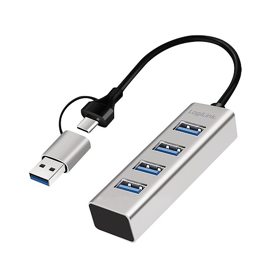 Logilink USB 3.0 hub, 4x USB-A, 5 Gbit/s, 2 az 1-ben csatlakozókábel, ezüst