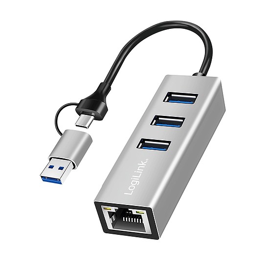 Logilink USB 3.2 Gen 1 hub, 3x USB-A, 1x RJ45, 2 az 1-ben csatlakozókábel, ezüst