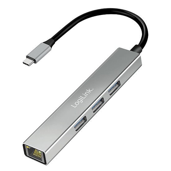 Logilink USB 3.2 Gen1 Hub, 3x USB-A, 1x RJ45 Gigabit Ethernet Adapter, 5 Gbit/s, 4,5 W, alumínium (UA0461)