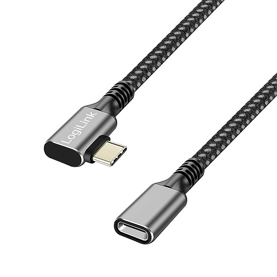Logilink USB 3.2 Gen2 Type-C kábel, C/M 90 - USB-C/F, PD, alu, fekete/szürke, 1 m (CUA0111)