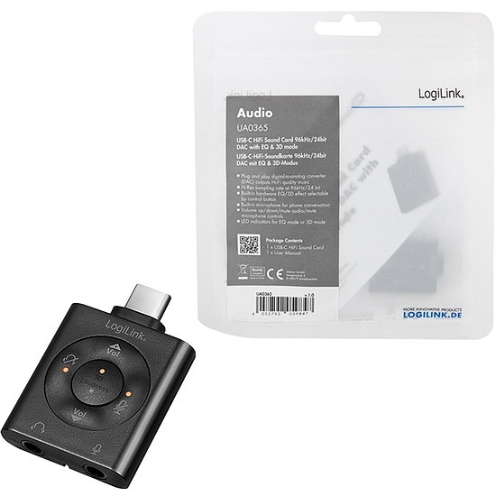 Logilink USB-C Audio Adapter, USB-C/M to 2x3.5mm/F, virtual 7.1, black (UA0365)