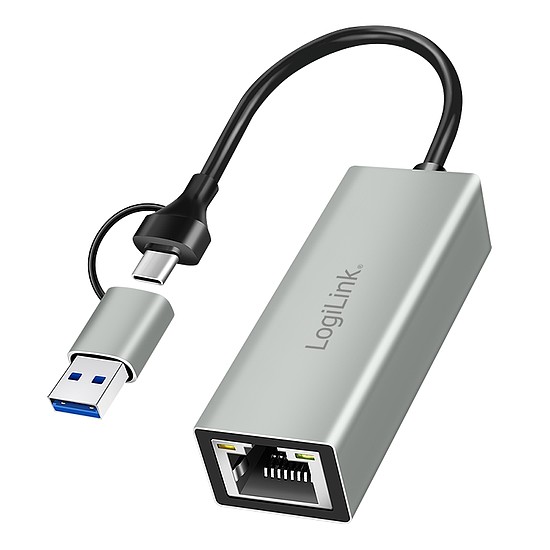 Logilink USB-C Gigabit Ethernet adapter 2 az 1-ben USB-csatlakozással, szürke