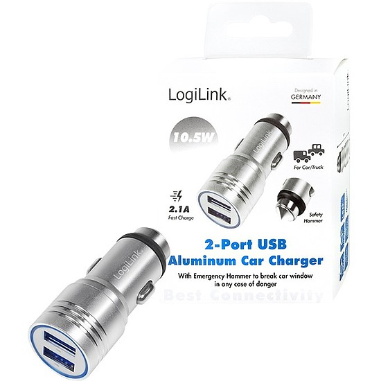 Logilink USB Car Charger, 2 Port, 10.5W, emergency hammer, silver (PA0228)