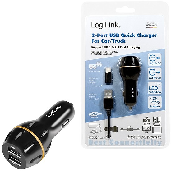 Logilink USB Car Charger, 2 Port, QC3, black (PA0201)