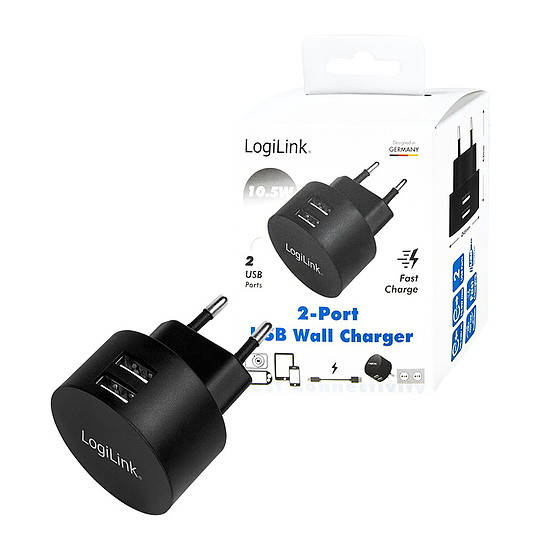 Logilink USB Wall Charger, 2port, 2x USB-AF, 10.5W, round shape, black (PA0218)