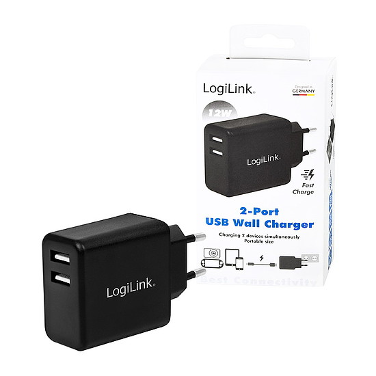 Logilink USB Wall Charger, 2port, 2x USB-AF, 12W, black (PA0210)