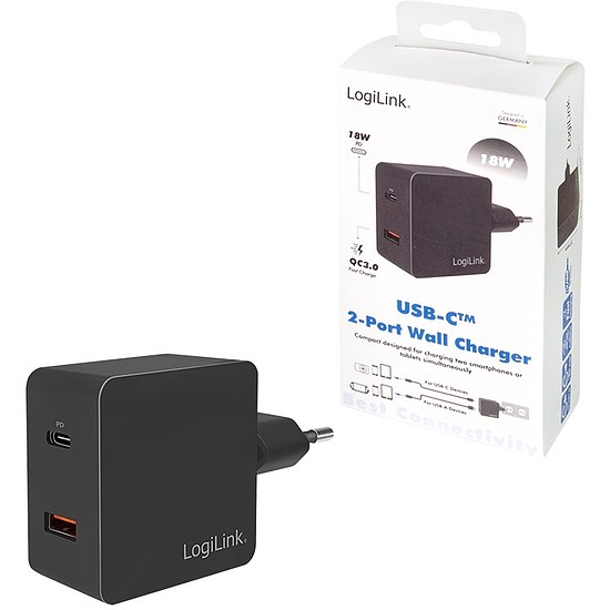 Logilink USB Wall Charger, 2port, USB-AF & USB-CF, 18W, w/PD, black (PA0220)