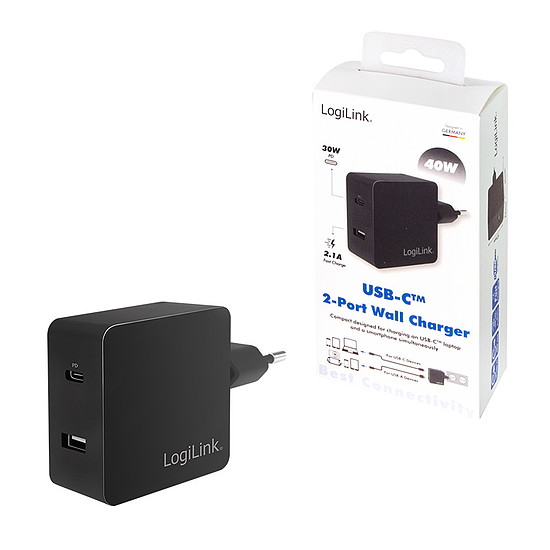 Logilink USB Wall Charger, 2port, USB-AF & USB-CF, 40W, w/PD, black (PA0219)
