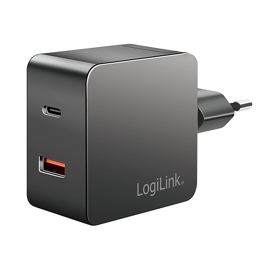 Loiglink Kettős USB-csatlakozós adapter, 1x USB-A, 1x USB-C, GaN, 45 W, fekete