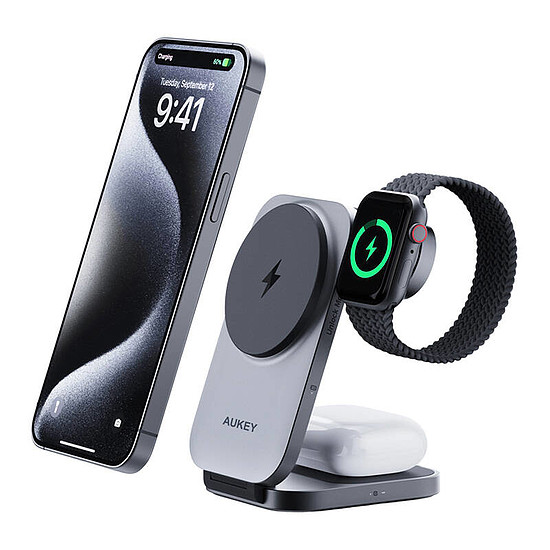Mágneses vezeték nélküli töltő 3 az 1-ben MagFusion Aukey LC-MC312, 15 W Qi2 szürke
