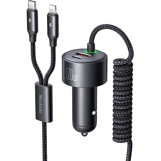 Mcdodo CC-0370 autós töltő, USB-C, Lightning, 120 W, visszahúzható kábelek