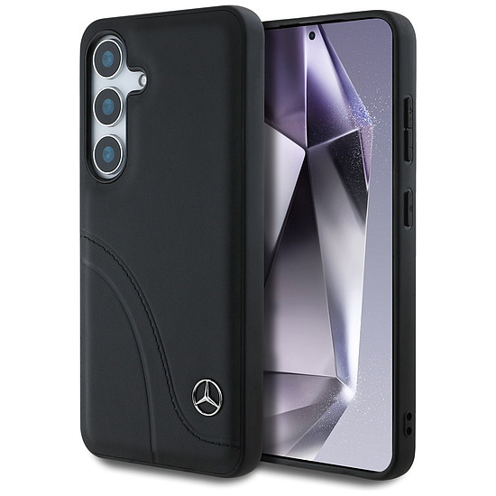 Mercedes bőrtok ívelt varrásokkal Samsung Galaxy S25-höz, fekete