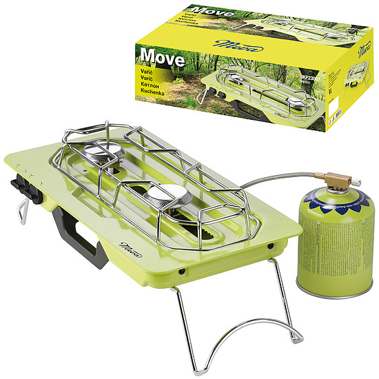 MOVE kempingfőző, 2 égőfejjel, gázpatronokhoz + állítható égőfejjel, 4,6 kW