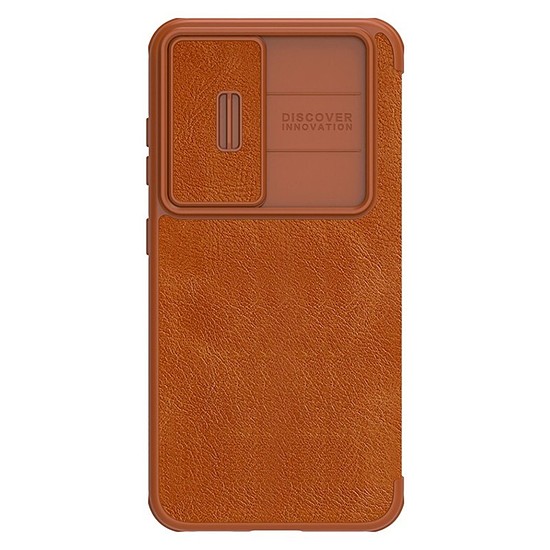 Nillkin Qin Leather Pro tok Samsung Galaxy S23+ telefonhoz flip fedeles kameraburkolat barna