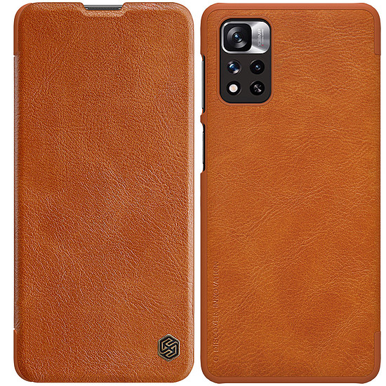 Nillkin Qin tokburkolat Xiaomi Redmi Note 11 Pro+ (Kína) / Redmi Note 11 Pro (Kína) / Mi11i HyperCharge kameravédő védőtokhoz, flip tok barna