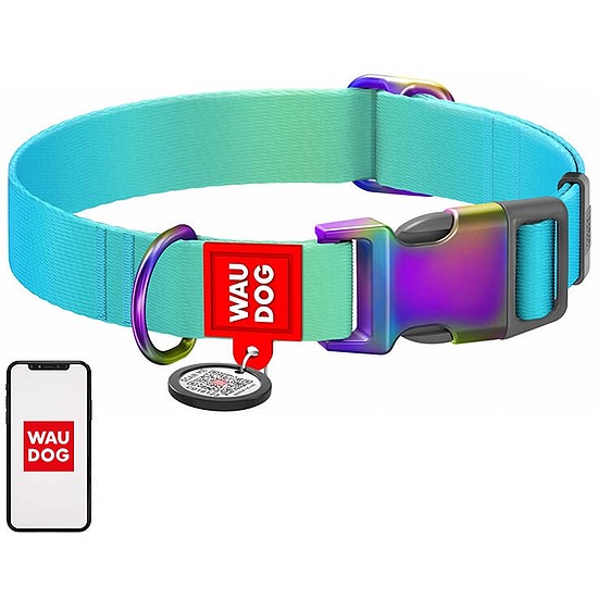 Nylon kutyanyakörv QR kóddal WAUDOG 15 mm széles, 25-35 cm hosszú kék (46522)